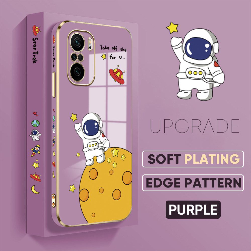 TA for Redmi K40 / K40 Pro / Xiaomi Poco F3 Back Cover + Free Lanyard Planet Astronaut Luxury 6D Plating Case Side Pattern Soft Silicone Square Phone Cases