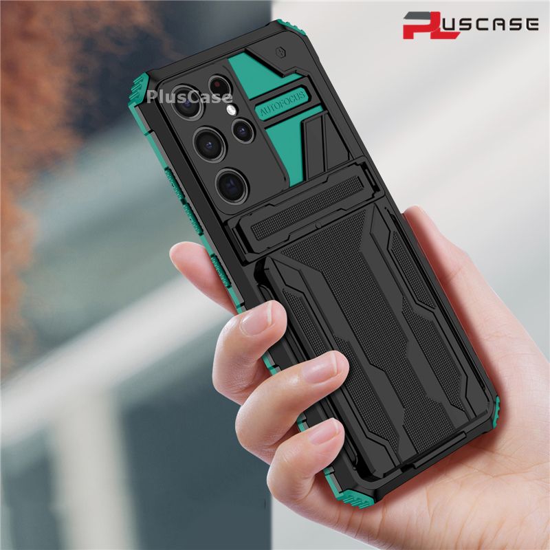 PlusCase for Samsung Galaxy S21 Ultra 5G Case Card Slot Holder Lens Protect Casing Kickstand Shockproof Phone Back Cover
