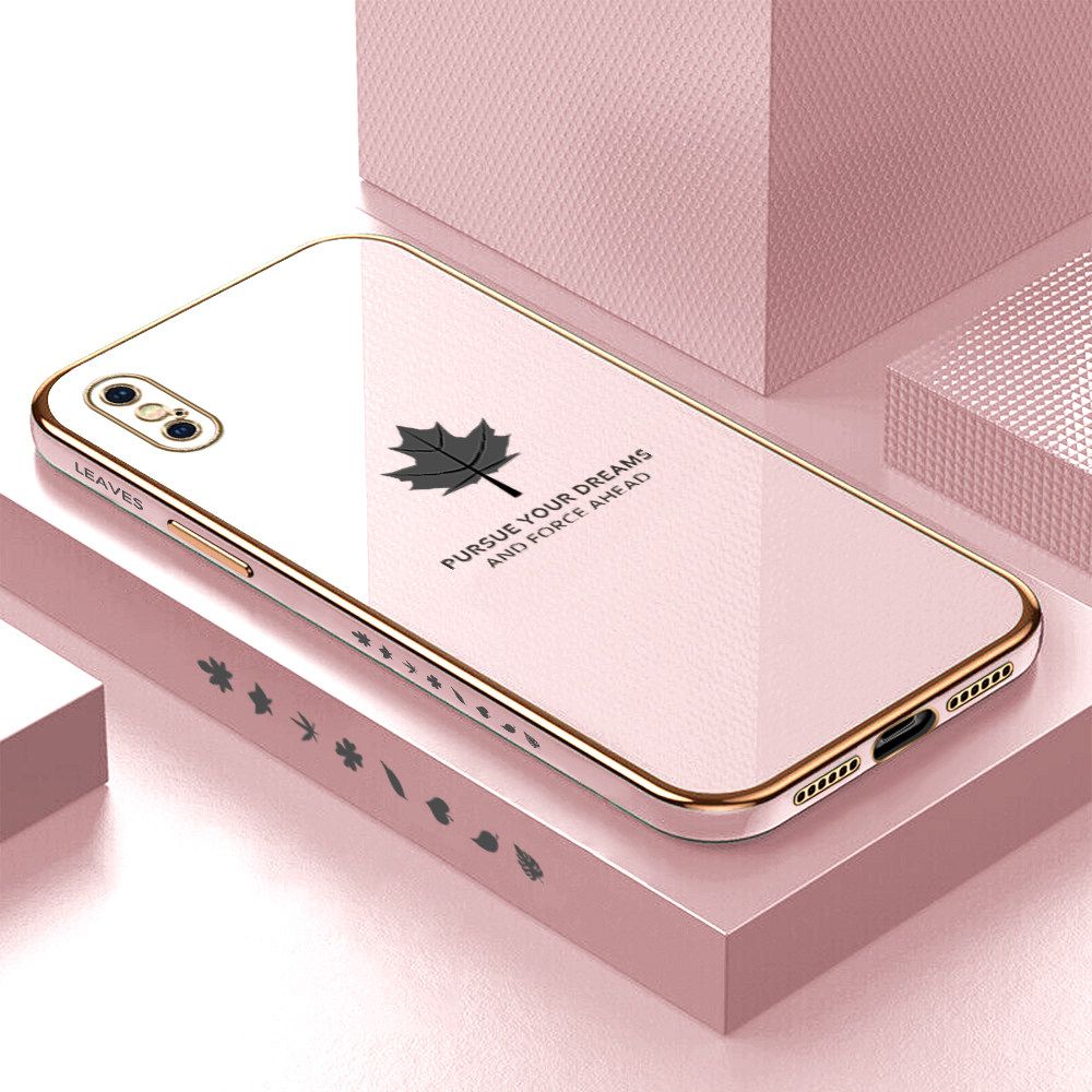 Luxury 6D Plating Soft Casing Silicone Square Frame Phone Case For iPhone XS Case Shiny Bling Back Cover New Maple Leaf Square Edge Pattern Design Soft Case + Free Lanyard