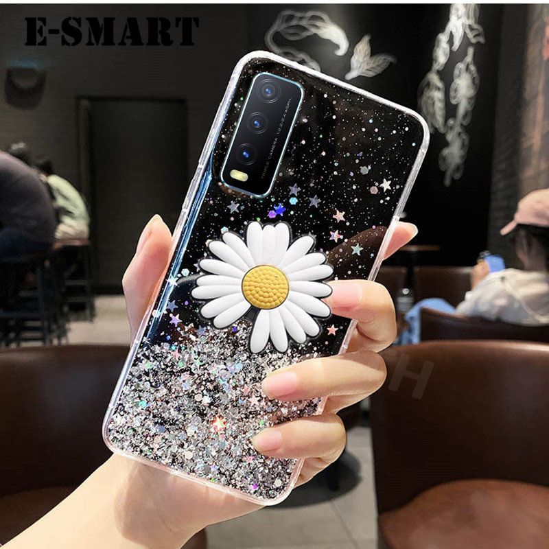 Phone Case Vivo Y12S Transparent Bling Glitter Cases Soft Clear Shining Sequin Back Cover with Daisy Flowers Folding Vivo Y12S Case