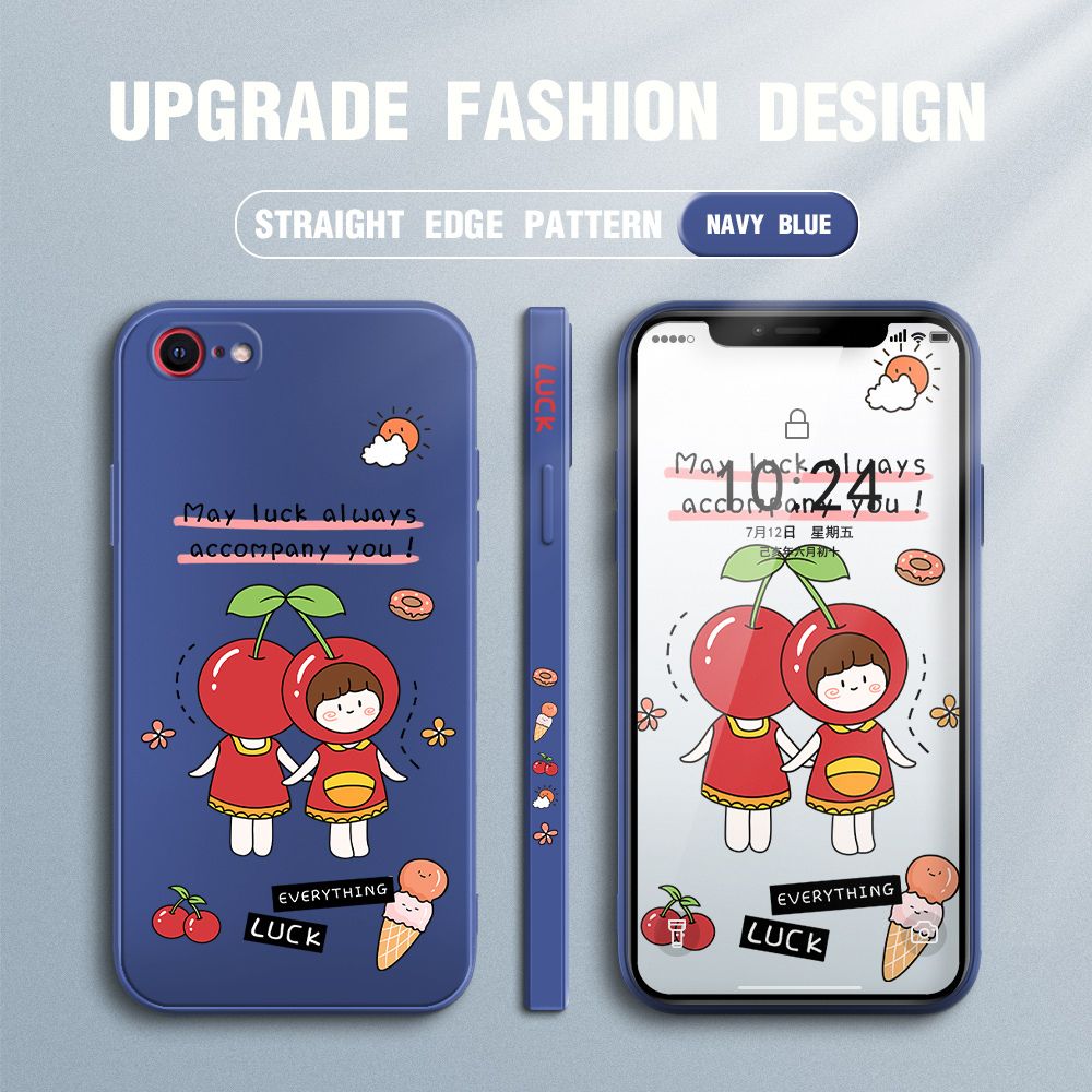 Jizetin for iPhone 7 / iPhone 8 / SE 2020/SE 2022 Case Fashion Cherry Girl Design Side Design Phone Case Square Edge Pattern Liquid Silicone Cases Full Cover Camera Shockproof Protective Case