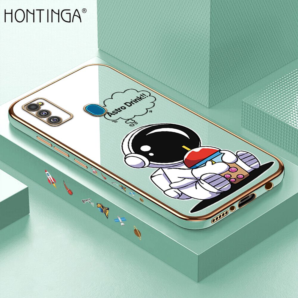 Hontinga for Samsung M21 M30S Back Cover + Free Lanyard Luxury 6D Plating Cartoon Happy Astronaut Side Pattern Case Soft Silicone Square Mobile Cover