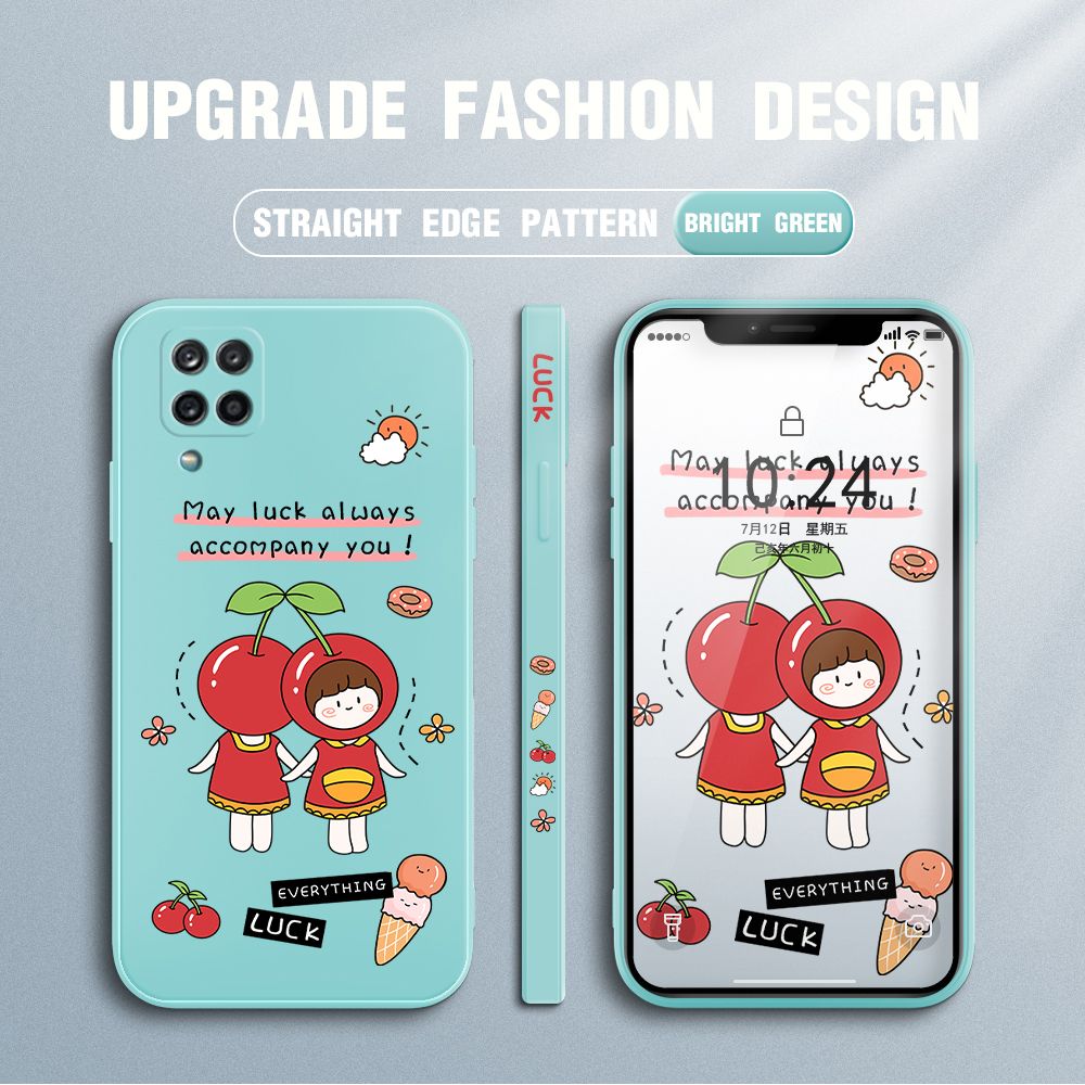 Jizetin for Samsung Galaxy A42 5G Case Fashion Cherry Girl Design Side Design Phone Case Square Edge Pattern Liquid Silicone Cases Full Cover Camera Shockproof Protective Case