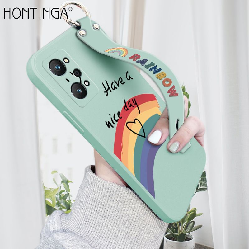 Hontinga for Realme GT Neo2 Wrist Strap Case Lovely Graffiti Rainbow Smile Cover Trend Square Printed Pattern Liquid Silicone Phone Case
