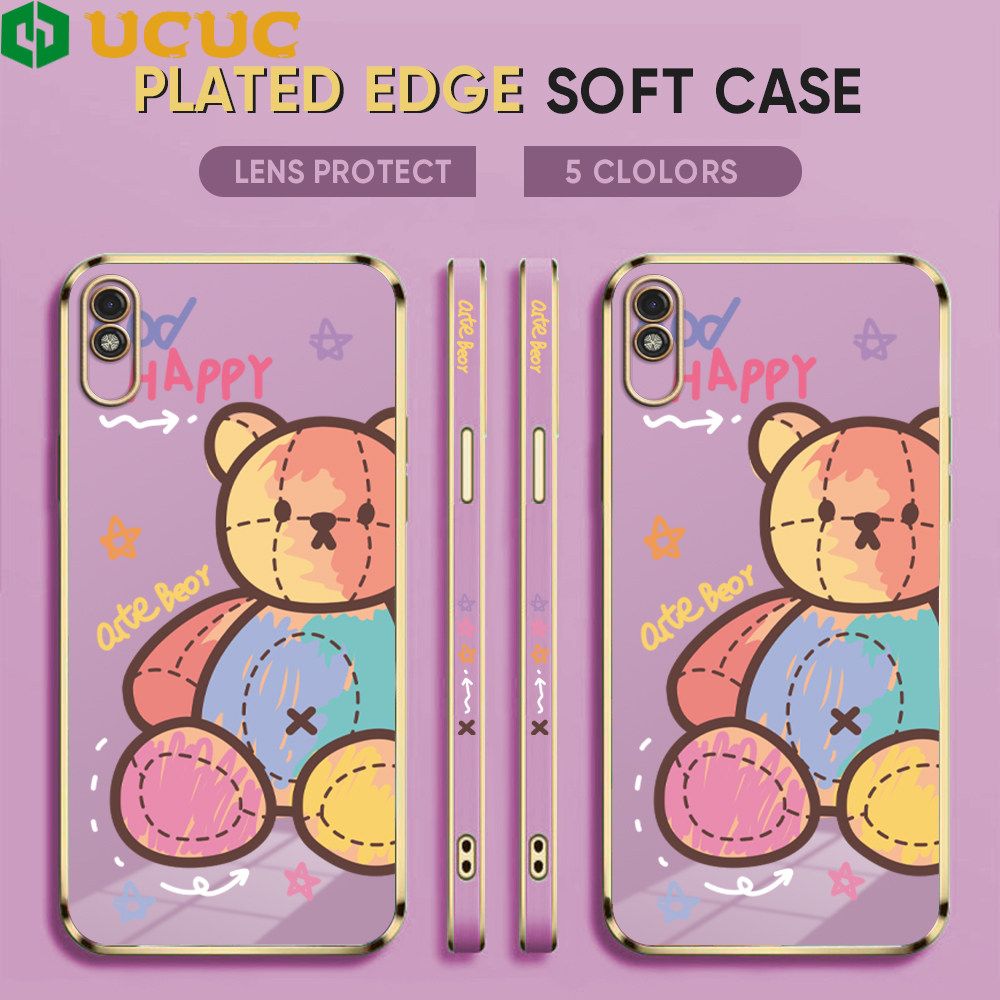 UCUC for Redmi 9A Back Cover + Free Lanyard Colorful Muppet Bear Luxury 6D Plating Case Side Pattern Soft Silicone Square Phone Cases