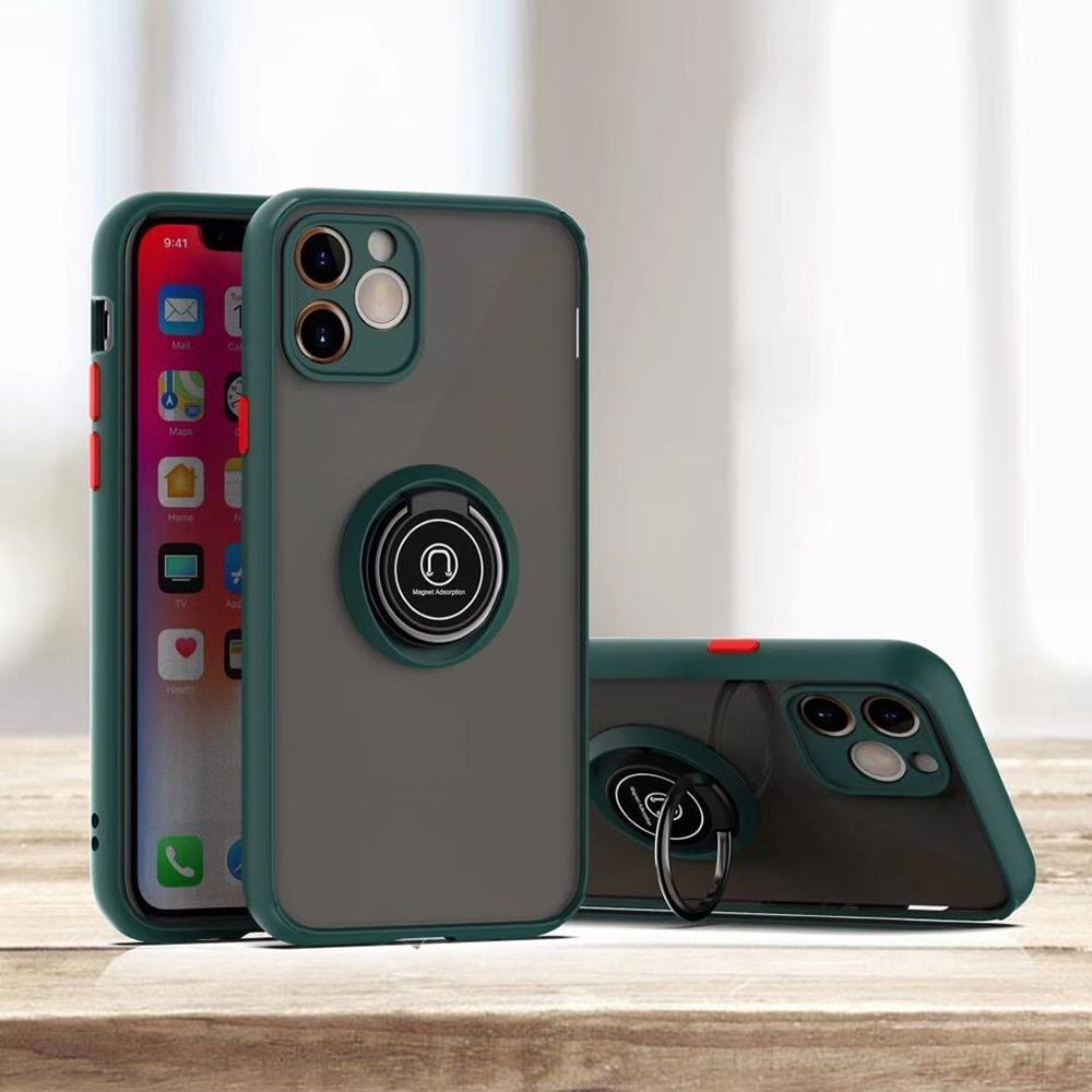 Luxury Camera Len Protection Case Coque For iPhone 11 12 13 Pro Max X XR XS Max 6 7 8 Plus SE Ring Stand Holder Back Matte Cover