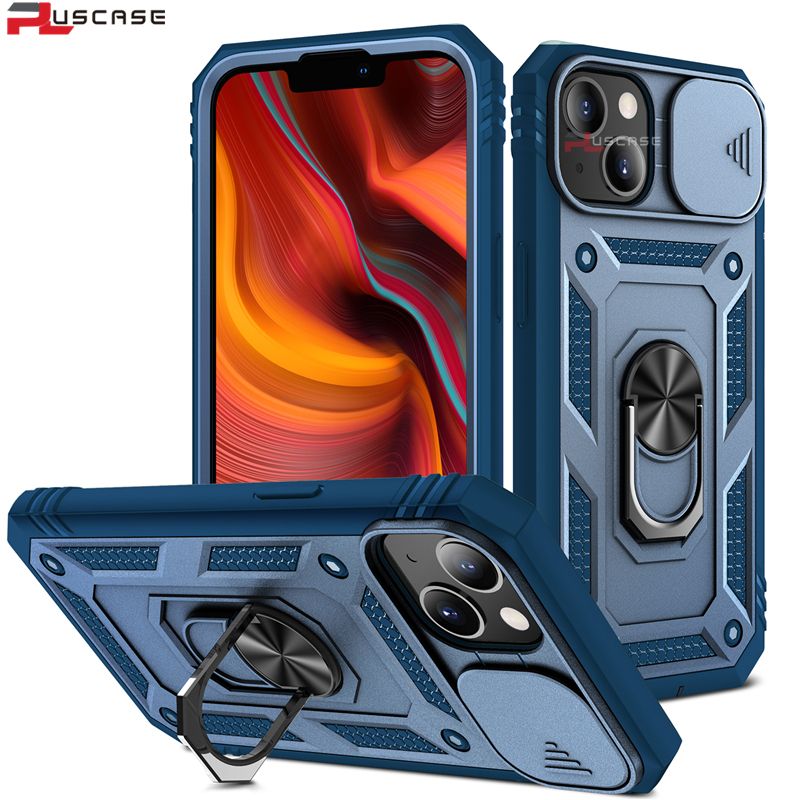 PlusCase for Apple iPhone 13 Slide Camera Lens Case Ring Stand Card Slot Casing Grade Shockproof Cover