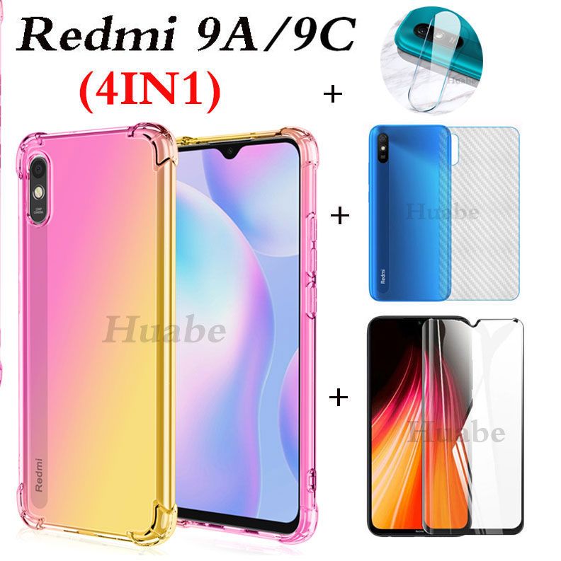 Case for Redmi 9A Redmi 9C Redmi 8A Redmi 7A   Four corner drop-proof gradient color phone case + tempered glass film + carbon fiber back + camera lens film (4in1)