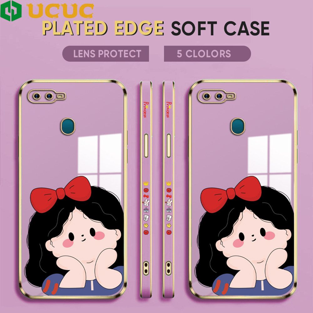 UCUC for OPPO A5S / A7 / A12 / A12S Back Cover + Free Lanyard Cute Gir Luxury 6D Plating Case Side Pattern Soft Silicone Square Phone Cases