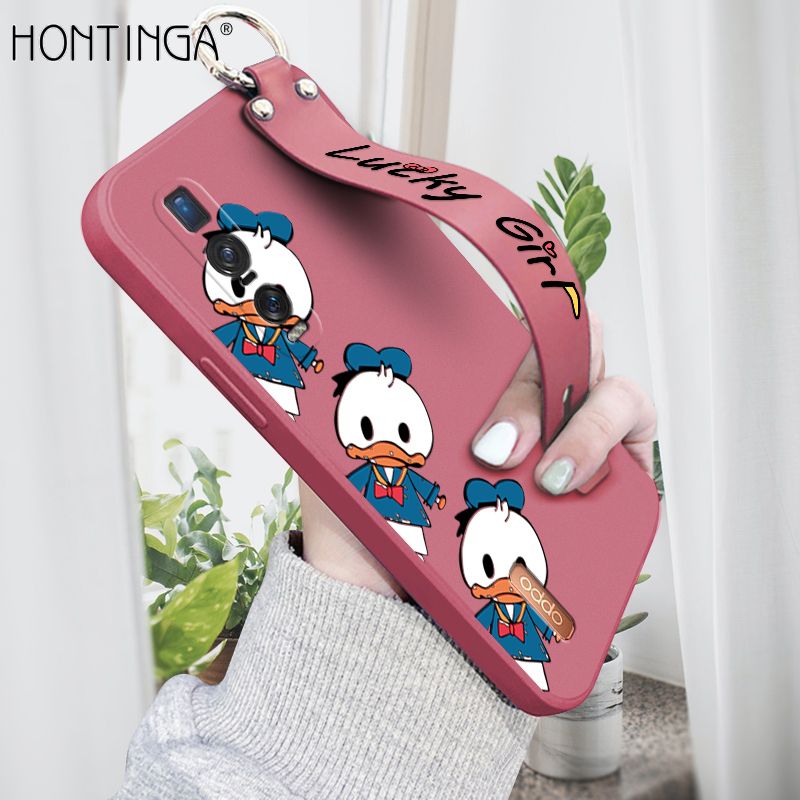 Hontinga for OPPO Find X2 Pro Wrist Strap Case Cute Cartoon Little Duck Phone Case Square Edge Liquid Silicone Case Full Cover Camera Shockproof Protective Cases