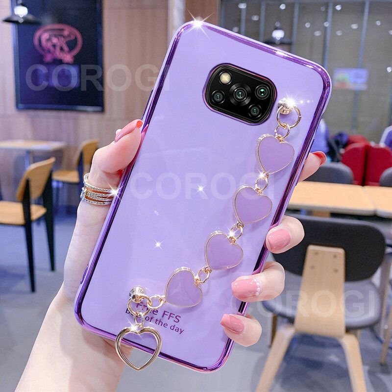 For Xiaomi POCO X3 Pro / Xiaomi POCO X3 Cover + Love Heart Bracelet Fashion Shiny Wrist Chain Plating Bumper Slim Phone Case Soft TPU Silicone Shockproof Protective Back Cover