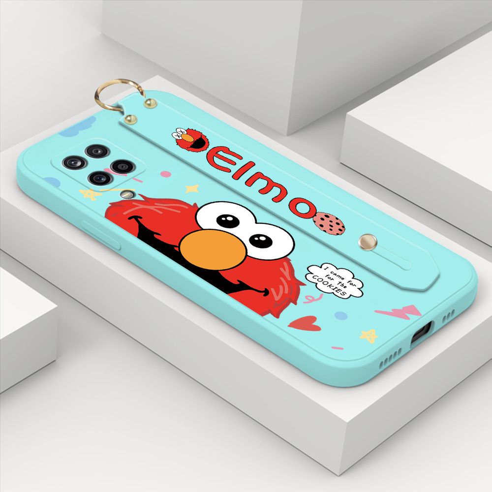 ZeroQiQi for Samsung Galaxy A12 5G Wrist Strap Case Cute Cute Cartoon Little Monster Phone Cover Square Edge Liquid Silicone Case Full Cover Camera Shockproof Protective Cases