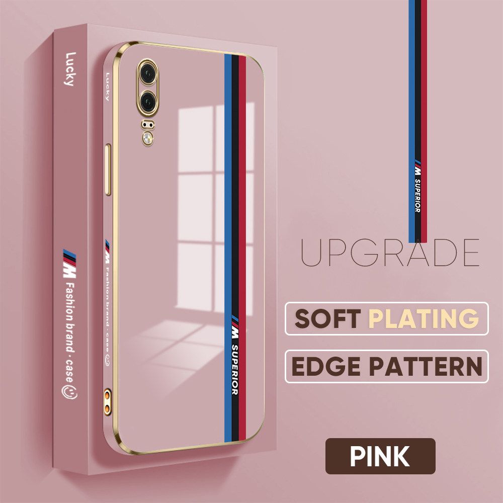 Jizetin (Free Lanyard) Huawei P20 Back Cover Car Track Luxury 6D Plating Case Side Pattern Soft Silicone Square Mobile Phone Cases