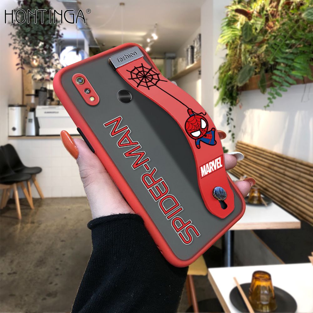 Hontinga for Realme 3 Pro Back Cover With Wristband Cartoon Spiderman Phone Casee Full Lens Protection Thin Frosted Cases