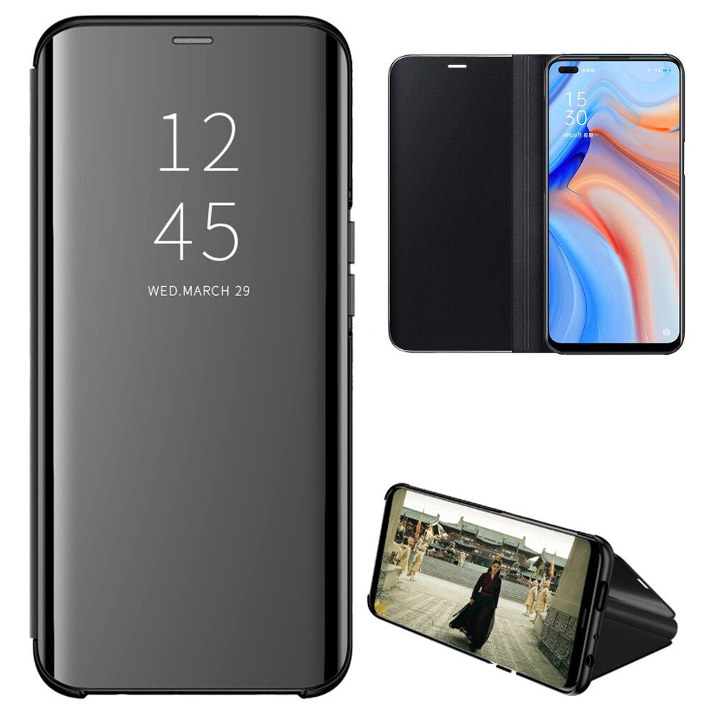 For OPPO Reno 4 Mirror Plating Hard PC -PU Leather Translucent Standing View Case Cover