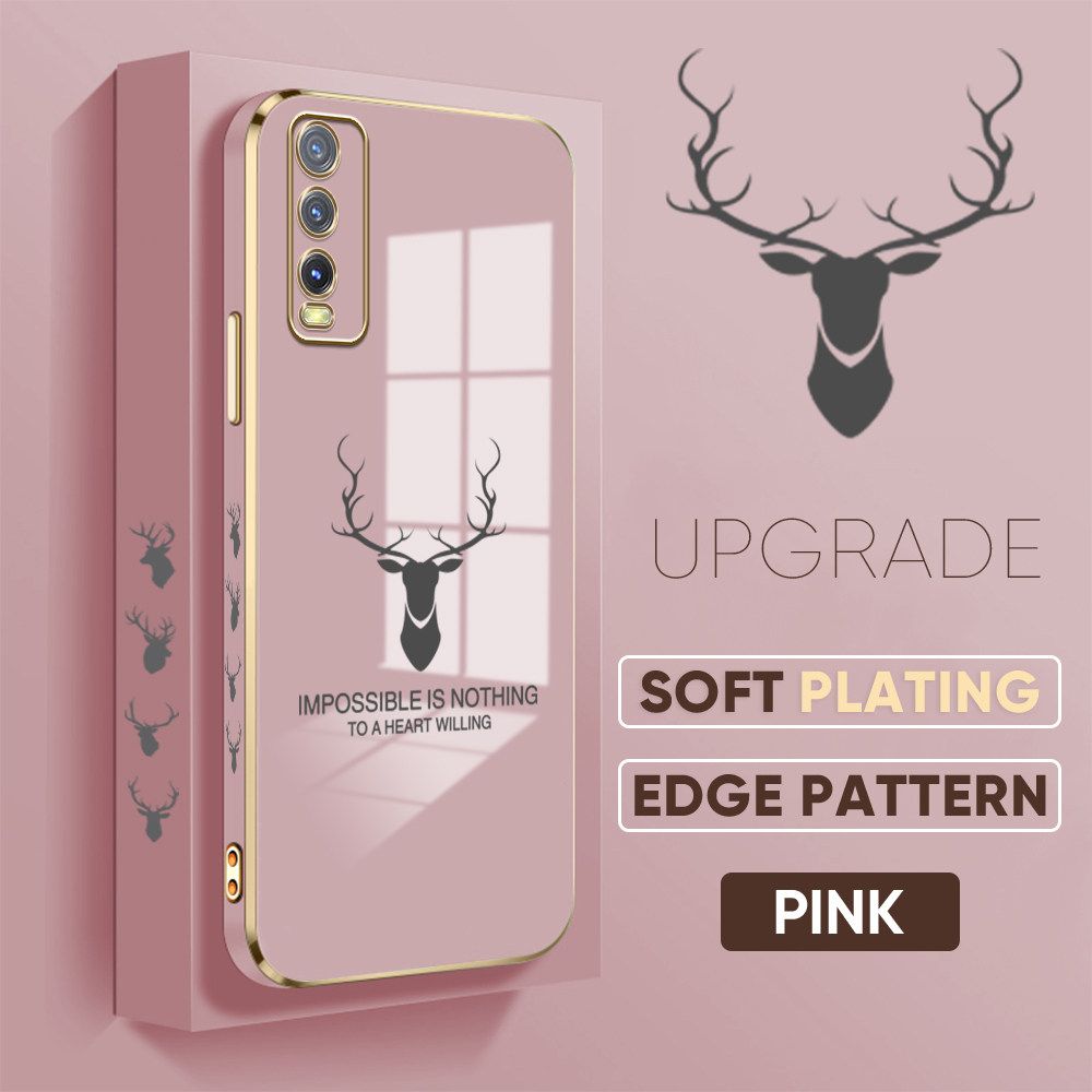 TA for Vivo Y20 / Y20i / Y20S / Y20 2021 / Y20SG / Y12A / Y12S Back Cover + Free Lanyard Simple Antlers Luxury 6D Plating Case Side Pattern Soft Silicone Square Phone Cases