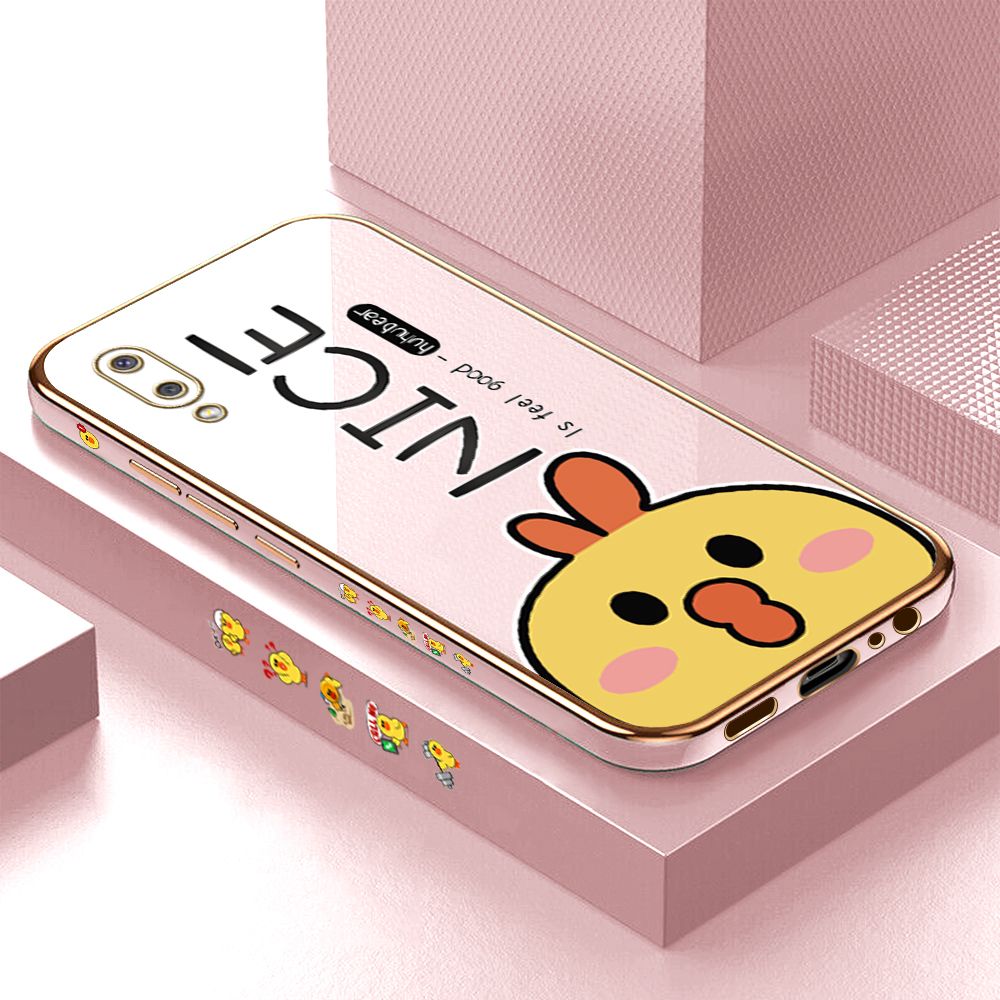Luxury 6D Plating Case for Samsung M02 A02 Cartoon Cute Doodle Chicken Side Pattern Back Cover Soft Silicone Square Phone Cases + Free Lanyard