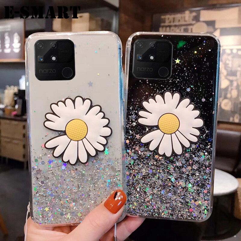 Phone Case Redmi 10C Transparent Bling Glitter Cases Soft Clear Shining Sequin Back Cover with Daisy Flowers Folding Redmi 10C Case