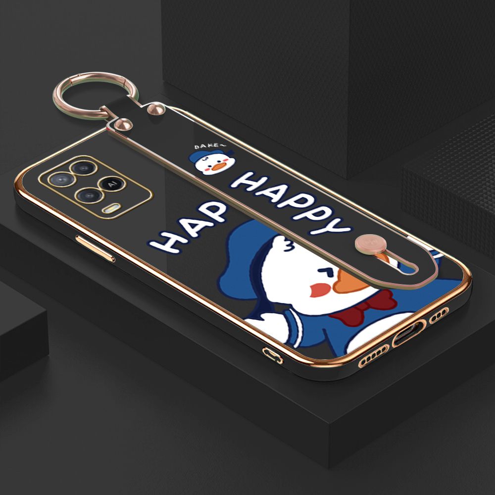 TA for OPPO A54 / A54 2021 Wrist Strap Back Cover Cute Duck Fashion Luxury 6D Plating Soft Casing Silicone Square Frame Phone Case