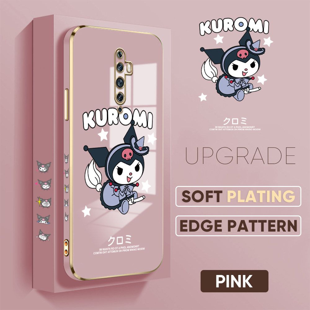 TA for OPPO Reno 2F 2Z Back Cover + Free Lanyard Cute Kuromi Luxury 6D Plating Case Side Pattern Soft Silicone Square Phone Cases
