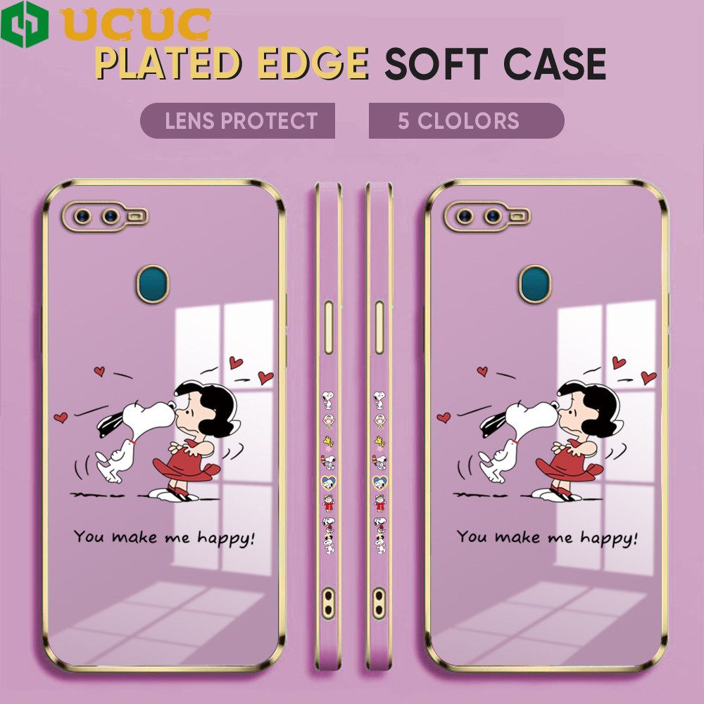 UCUC for OPPO A12S / A12 / A7 / A5S Back Cover + Free Lanyard Happy Puppy Luxury 6D Plating Case Side Pattern Soft Silicone Square Phone Cases
