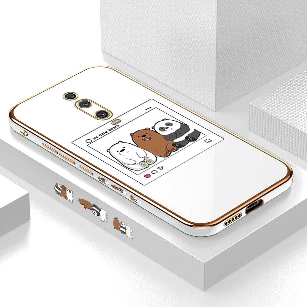 Luxury 6D Plating Case for Redmi K20 Pro Cute Cartoon Anime Bears Side Pattern Back Cover Soft Silicone Square Frame Shiny Bling Phone Cases + Free Lanyard