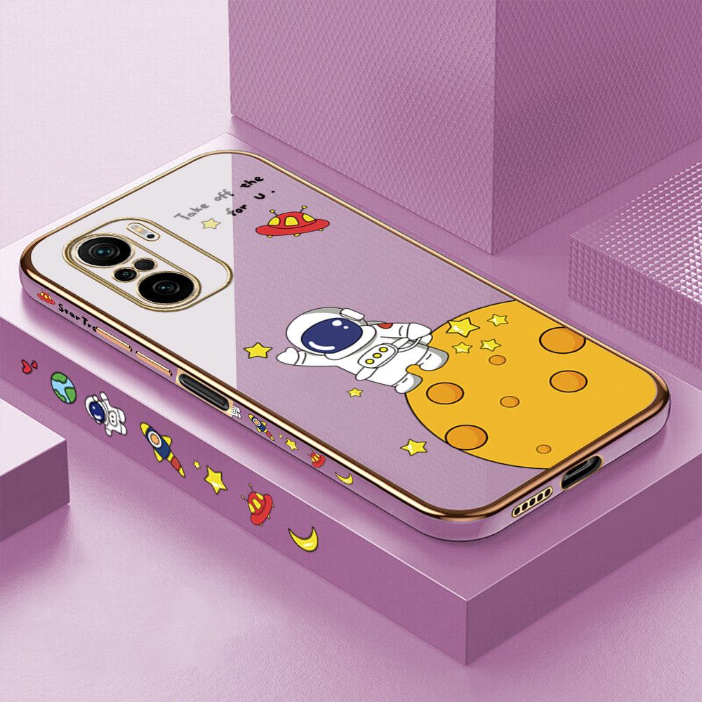 Luxury 6D Plating Case for Redmi K40 Pro Cute Cartoon Happy Astronaut Side Pattern Back Cover Soft Silicone Square Frame Shiny Bling Phone Cases + Free Lanyard