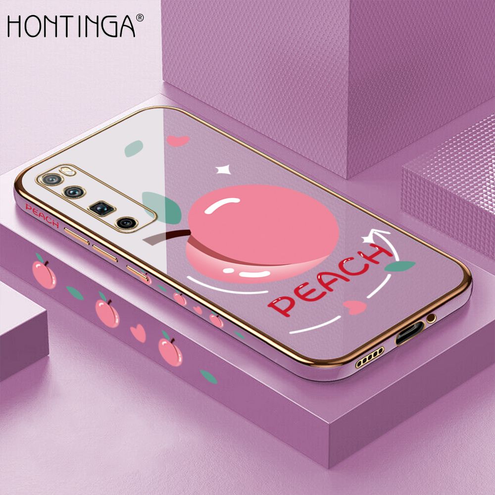 Hontinga for Huawei Nova 7 Pro Case Luxury 6D Plating Soft Casing Silicone Square Frame Phone Cover Shiny Bling Side Print Cartoon Simple Peach Cases