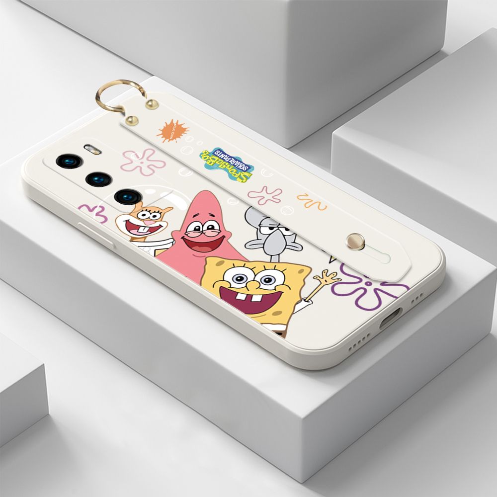 ZeroQiQi for Huawei P40 Wrist Strap Case Cute Cute Funny Cartoon Sponge for Square Pants Cover Square Edge Liquid Silicone Anti-drop Phone Case
