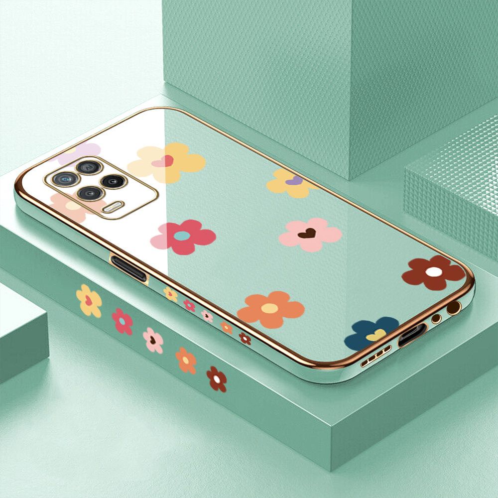 Luxury 6D Plating Case for Realme 8 5G Color Cartoon Flowers Side Pattern Back Cover Soft Silicone Square Frame Shiny Bling Phone Cases + Free Lanyard