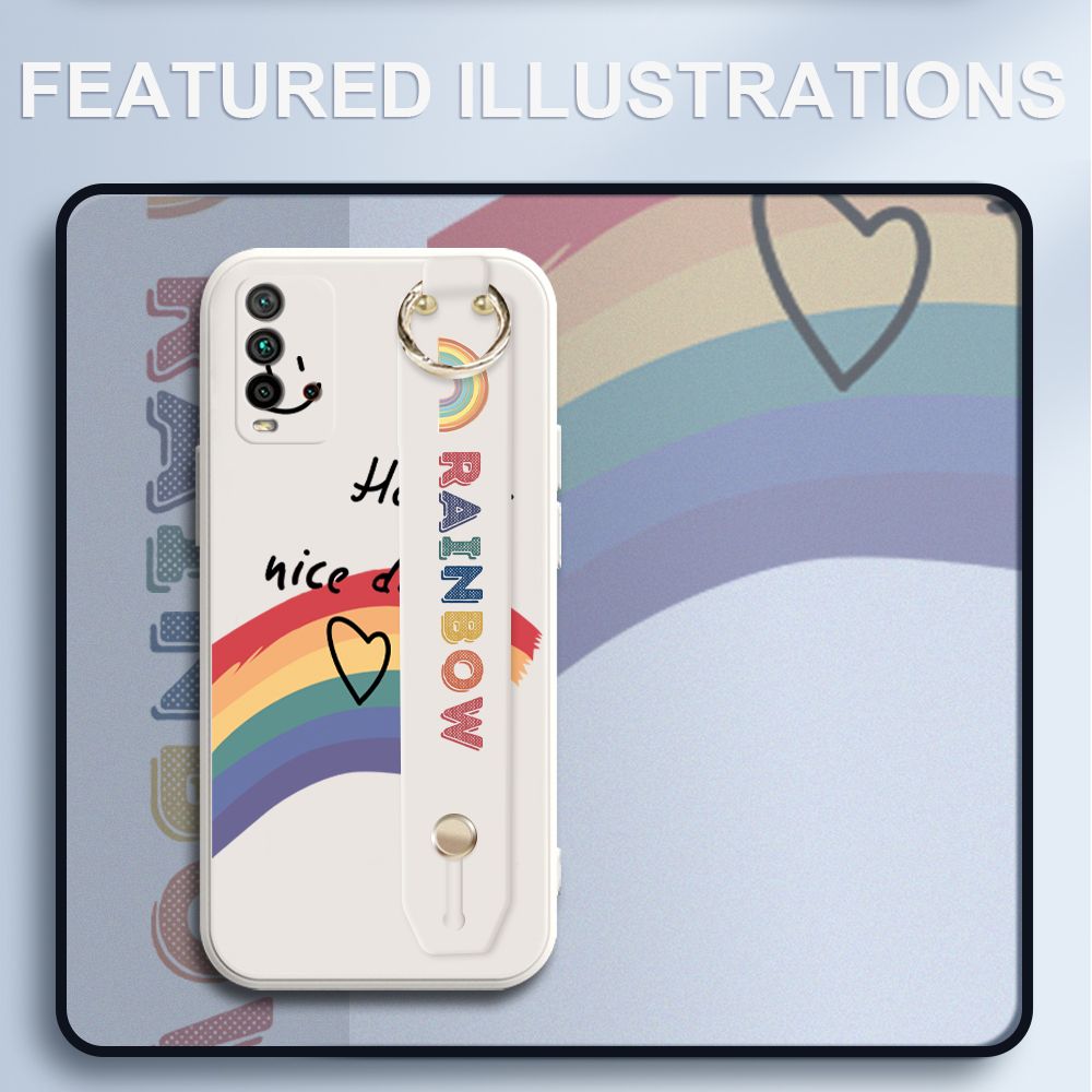 UCUC for Redmi 9 Power / Redmi 9T Wrist Strap Case INS Style Smile Rainbow Cover Ultra Thin Anti Fall Liquid Silicone Phone Case