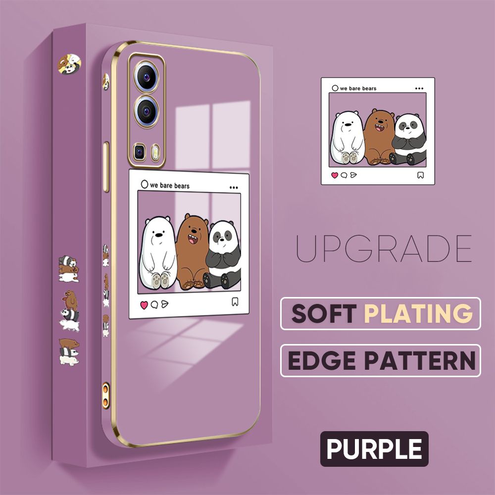 TA for Vivo Y72 5G / Y52 5G Back Cover + Free Lanyard Bears Group Photo Luxury 6D Plating Case Side Pattern Soft Silicone Square Phone Cases