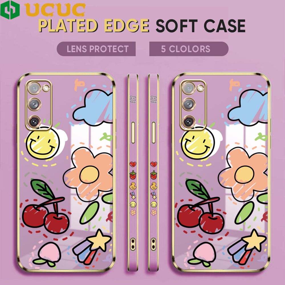 UCUC for Samsung Galaxy S20 FE 5G Cover Fruit Doodle Luxury 6D Plating Soft Casing Silicone Square Frame Phone Case Shiny Bling Back Cover + Free Lanyard