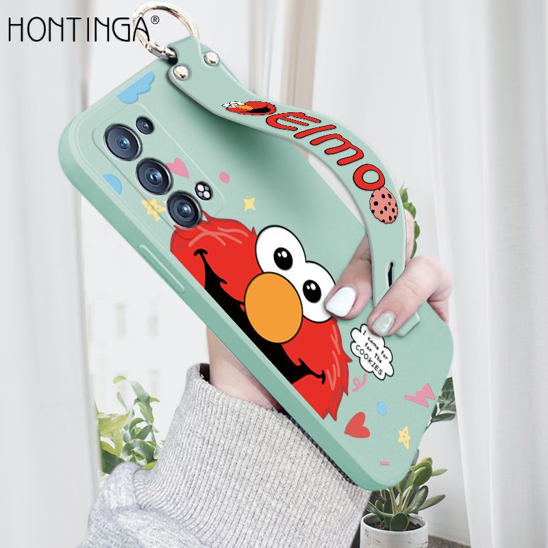 Hontinga for OPPO Reno6 Pro 5G Wrist Strap Case Cute Cute Cartoon Little Monster Phone Cover Square Edge Liquid Silicone Case Full Cover Camera Shockproof Protective Cases