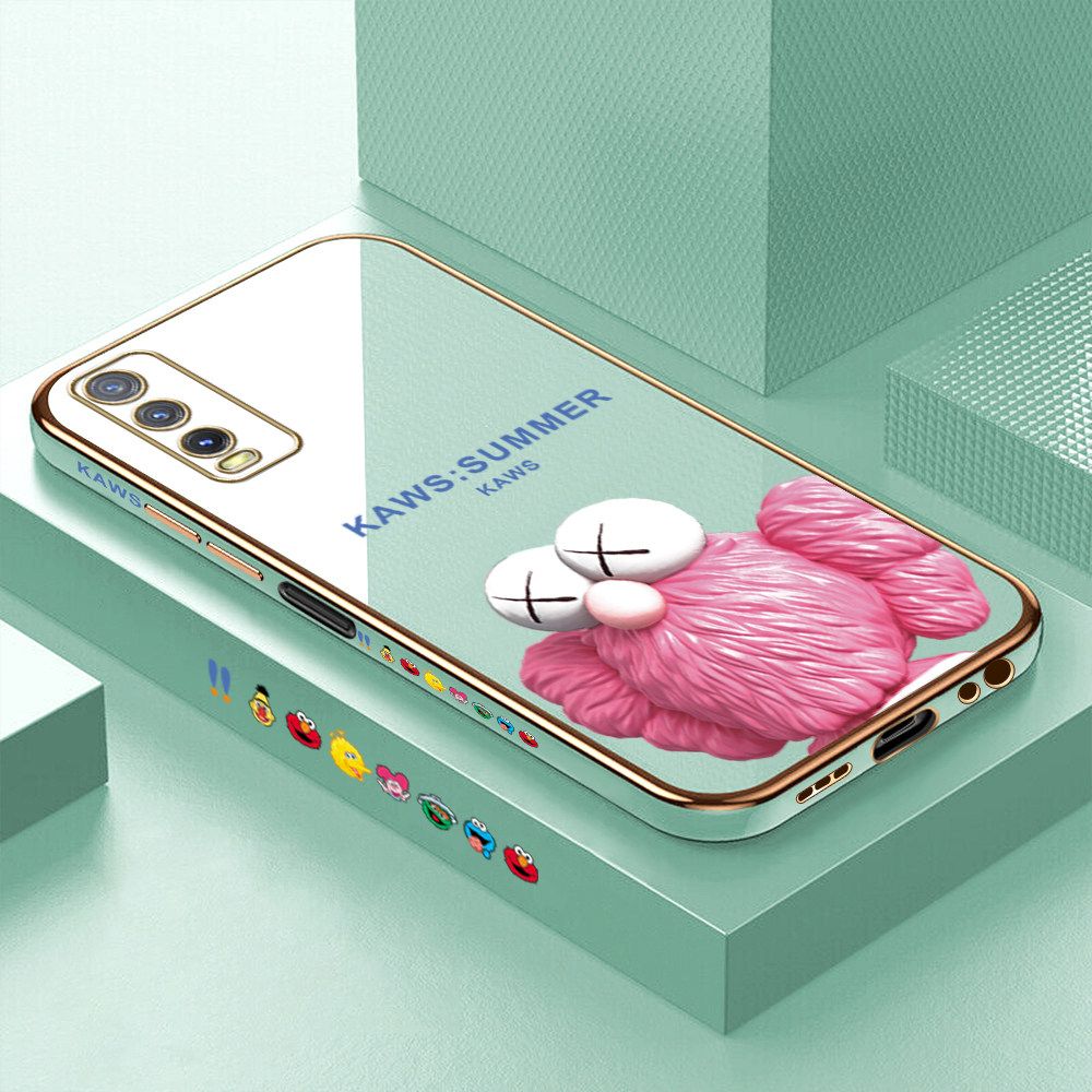 Luxury 6D Plating Soft Casing Silicone Square Frame Phone Case For Vivo Y12S Case Shiny Bling Back Cover Cartoon Pink Doll Square Edge Pattern Design Soft Case + Free Lanyard