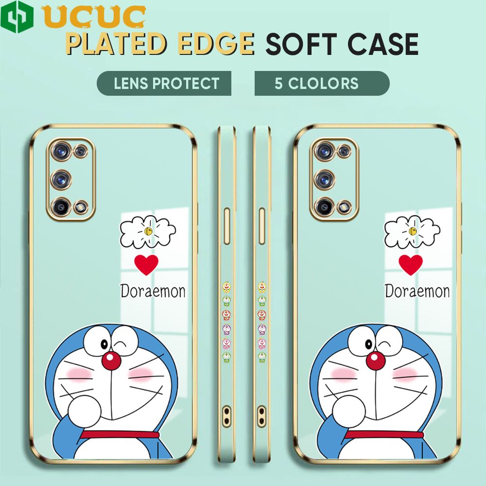 UCUC for Realme X7 Pro 5G Back Cover + Free Lanyard Sneak Doraemon Luxury 6D Plating Case Side Pattern Soft Silicone Square Phone Cases