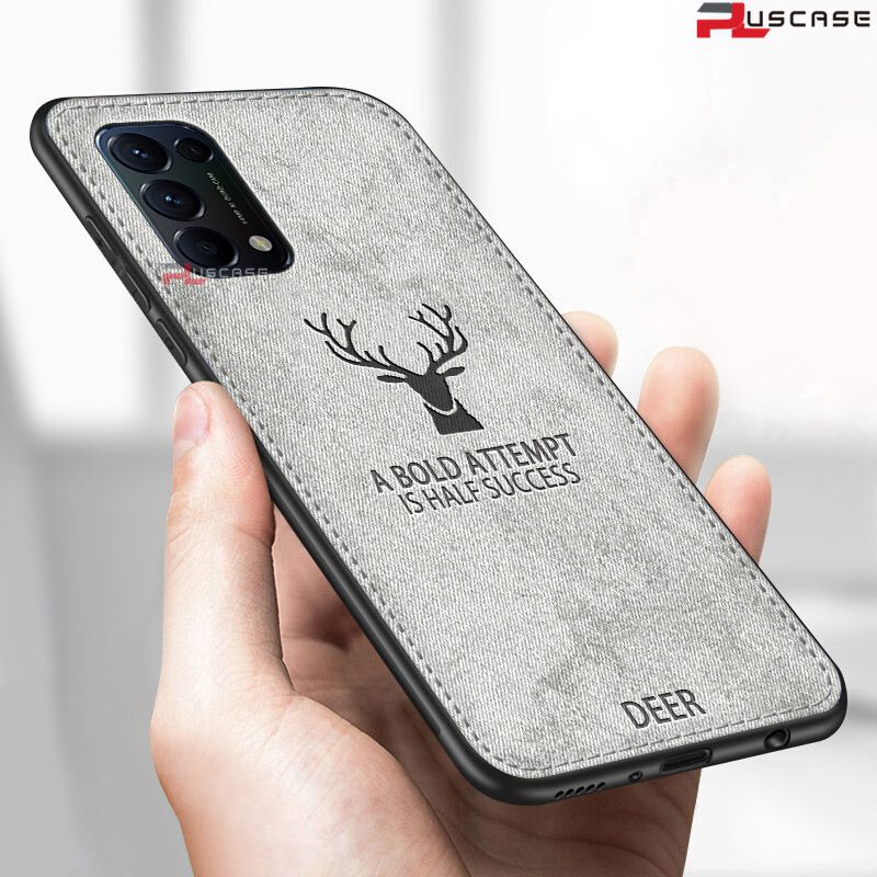PlusCase for OPPO Reno5 Pro Hybrid Fabric Texture Deer Pattern Case Shockproof Soft Bumper Matte Back Cover