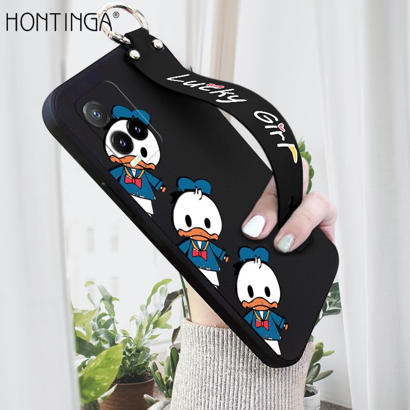 Hontinga for Vivo Y33S Wrist Strap Case Cute Cartoon Little Duck Cover Trend Square Printed Pattern Liquid Silicone Phone Case