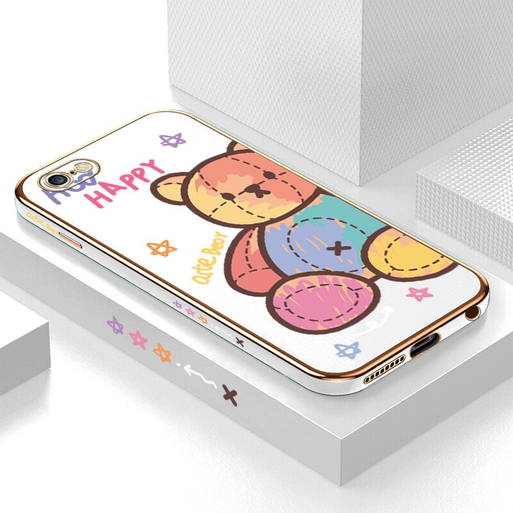 Luxury 6D Plating Case for iPhone 6S Color Cartoon Doll Bear Side Pattern Back Cover Soft Silicone Square Frame Shiny Bling Phone Cases + Free Lanyard