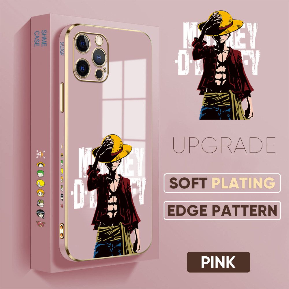 TA for iPhone 12 Pro Back Cover + Free Lanyard Handsome Luffy Luxury 6D Plating Case Side Pattern Soft Silicone Square Phone Cases