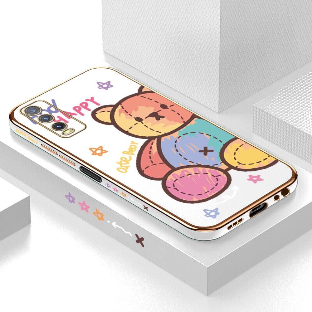 Luxury 6D Plating Case for Vivo Y20 2021 Color Cartoon Doll Bear Side Pattern Back Cover Soft Silicone Square Frame Shiny Bling Phone Cases + Free Lanyard