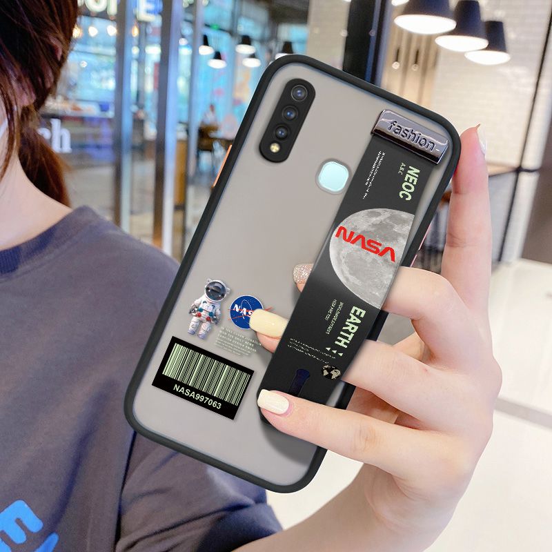 UCUC for Vivo Y19 Wrist Strap Case Creative Cartoon Astronaut Wristband Printing Cover Shockproof Frosted Phone Case
