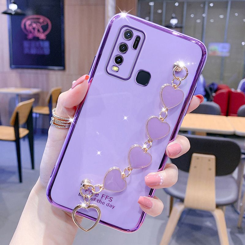 For Vivo Y30 Cover, with Luxury Love Heart Bracelet Fashion Plating Soft Phone Cover Case Pretty Girls Woman Cases Soft Silicone Bumper Shockproof Protection Back Cover