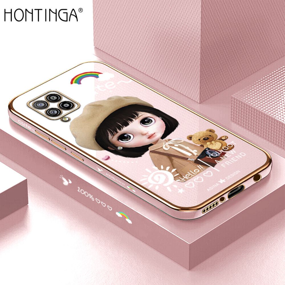 Hontinga for Samsung A42 5G Case Luxury 6D Plating Cute Satchel Girl Side Pattern Soft Back Cover Silicone Square Phone Cases