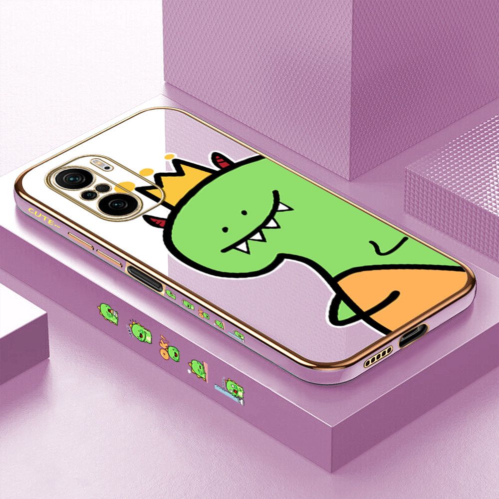 Luxury 6D Plating Case for Redmi K40 Pro Cute Little Dinosaur Side Pattern Back Cover Soft Silicone Square Frame Shiny Bling Phone Cases + Free Lanyard