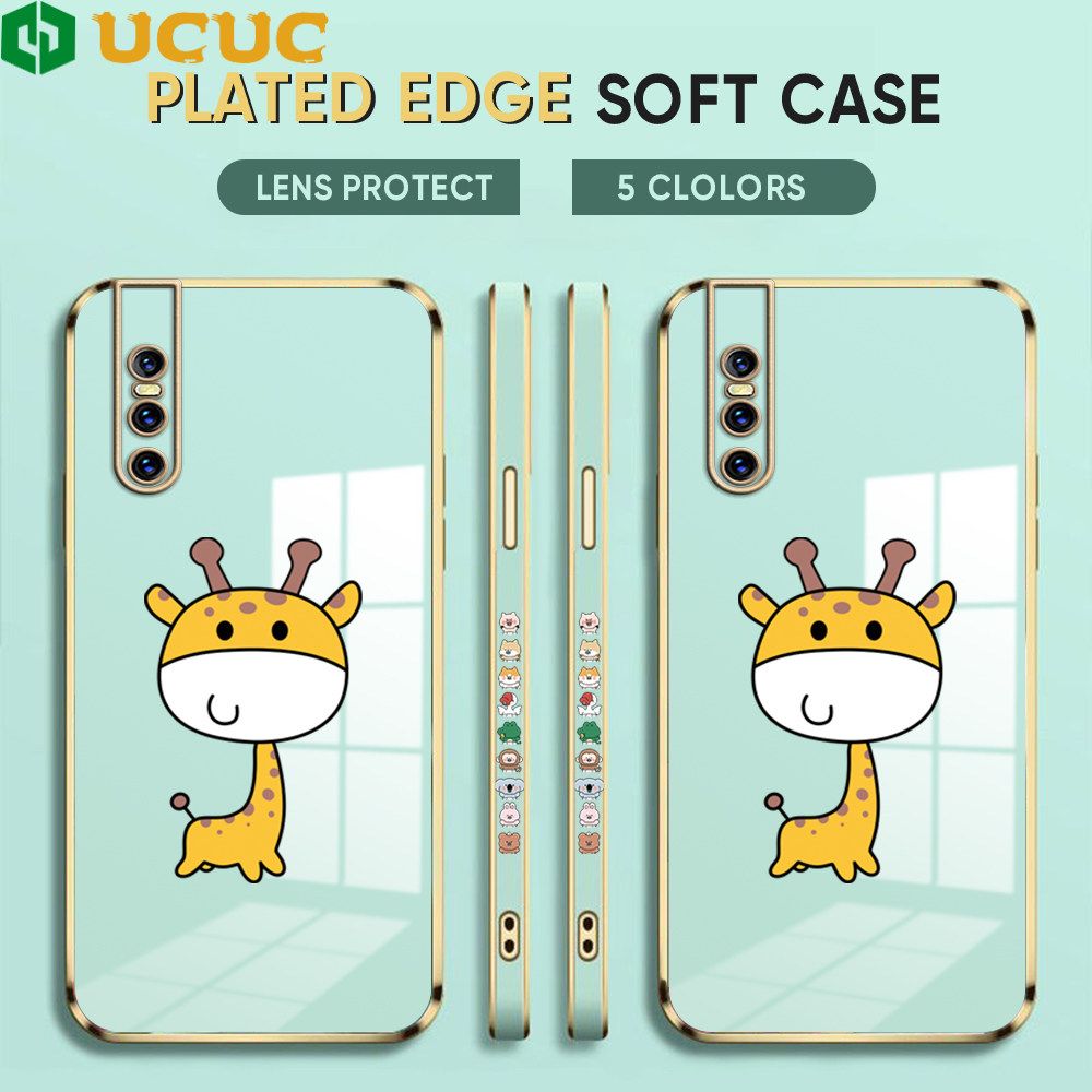 UCUC for Vivo V15 Pro Back Cover + Free Lanyard Big Head Giraffe Luxury 6D Plating Case Side Pattern Soft Silicone Square Phone Cases