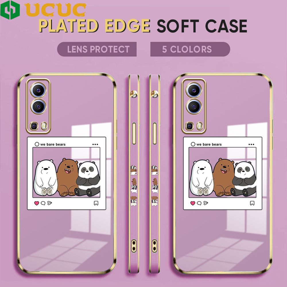 UCUC for Vivo Y72 5G Cover Bears Photo Luxury 6D Plating Soft Casing Silicone Square Frame Phone Case Shiny Bling Back Cover + Free Lanyard