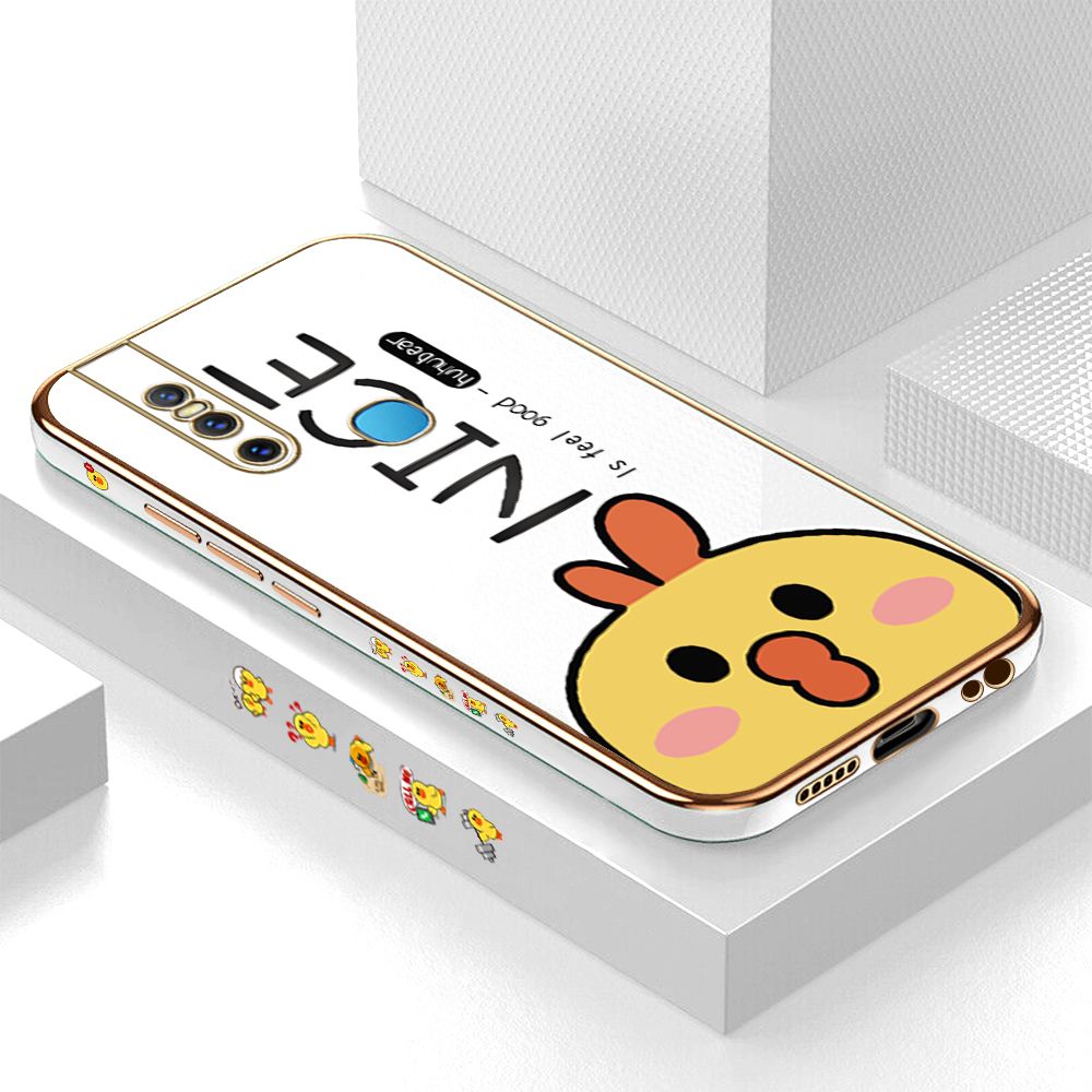 Luxury 6D Plating Case for Vivo V15 Cute Cartoon Chicken Side Pattern Back Cover Soft Silicone Square Frame Shiny Bling Phone Cases + Free Lanyard