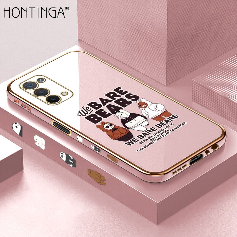 Hontinga for OPPO A74 5G Case Luxury 6D Plating Cute Three Bears Side Pattern Soft Back Cover Silicone Square Phone Cases