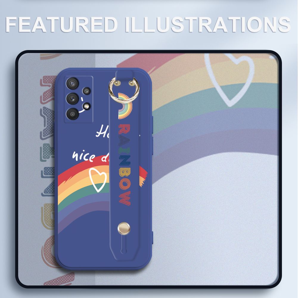 UCUC for Samsung Galaxy A32 Wrist Strap Case INS Style Smile Rainbow Cover Ultra Thin Anti Fall Liquid Silicone Phone Case